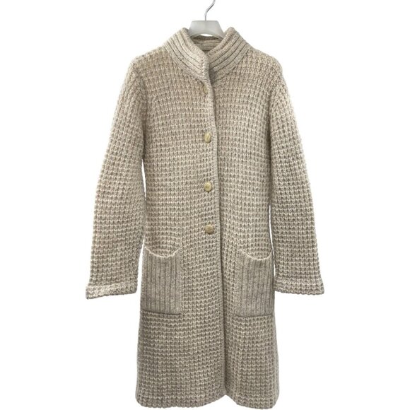 Vintage Long Wool Button Down Coat Jacket Cardigan Cable Knit Women's Medium - Picture 1 of 10